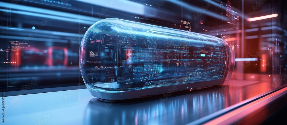 A futuristic, transparent capsule containing glowing circuitry and data lines in a high-tech environment with red and blue lights. A futuristic, transparent capsule containing glowing circuitry and data lines in a high-tech environment with red and blue lights.