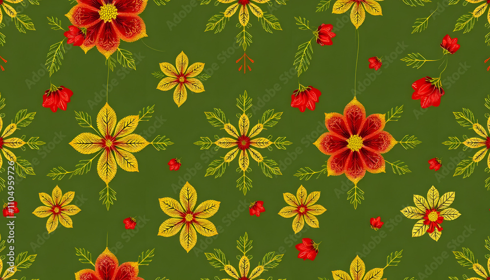 Fototapeta premium Vibrant floral pattern featuring red and yellow flowers on a green background 