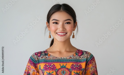 A young woman smiles while wearing traditional Asia attire, featuring intricate patterns and golden accessories. The soft background highlights her elegance and cultural beauty. photo