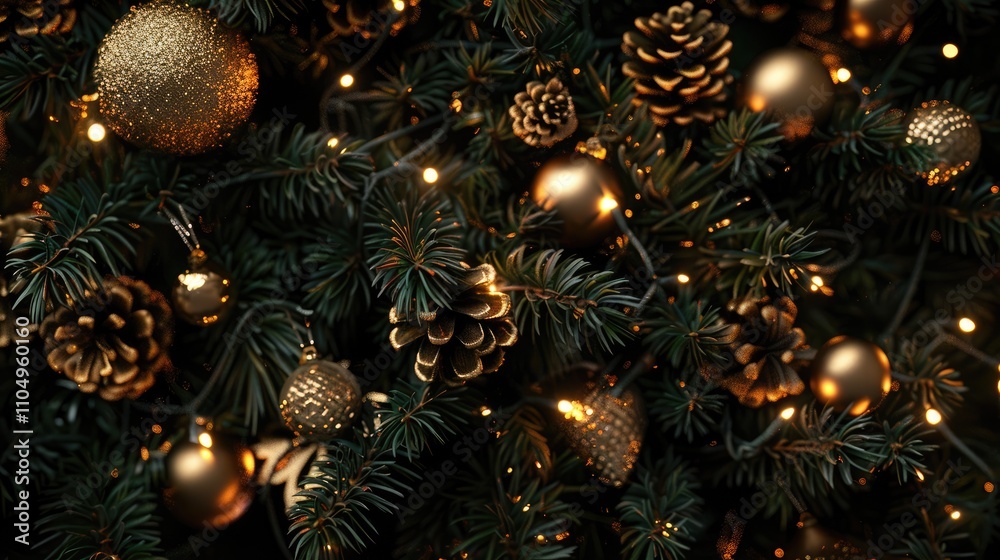 Golden garland decorates thick Christmas tree branches. Golden garland decorates thick Christmas tree branches.