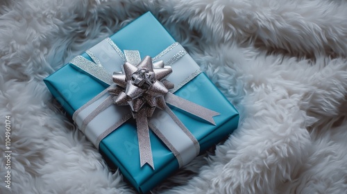 Elegant Blue Gift Box with Silver Ribbon on Fluffy White Background - made with Generative AI photo