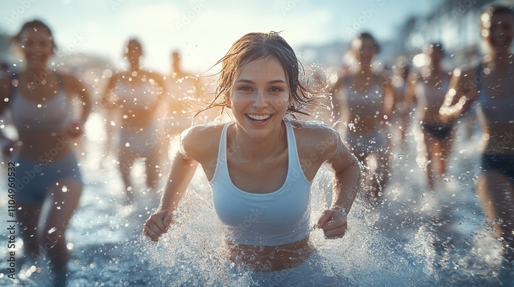 Obraz premium A blonde woman joyfully splashes through the water on a sunny beach, highlighting the vibrant energy and carefree vibe ideal for summer vacation or fitness branding.