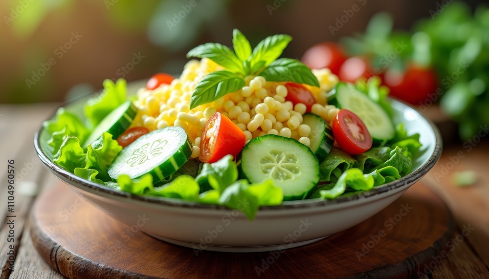 Cucumber slices with salad in white bowl on wooden table Cucumber slices with salad in white bowl on wooden table