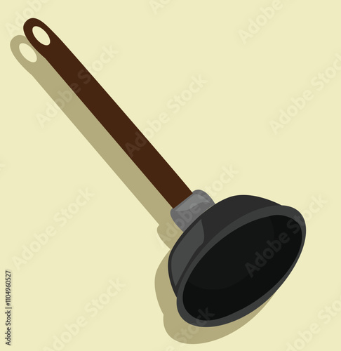 Plunger, pumping plumbing tool for toilet and sink unclog. Cleaning draining cup on pole, stick.