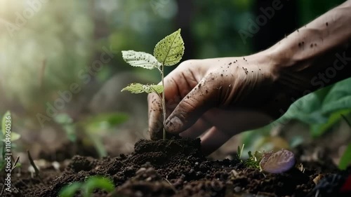 Hand for planting trees back to the forest. Creating awareness for love wild. Wild plant concept. 