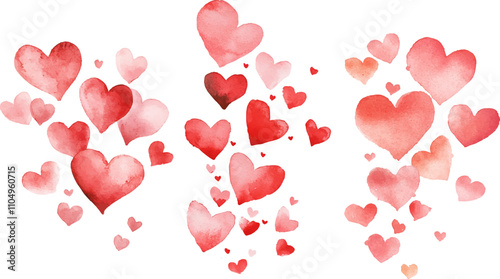 Watercolor pink and red hearts flying on a white background
