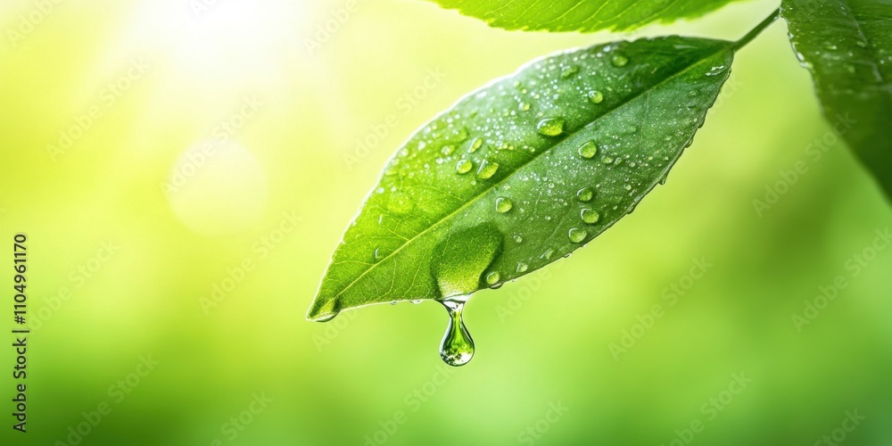 Fototapeta premium Droplets falling from a leaf Wet leaf A detailed macr