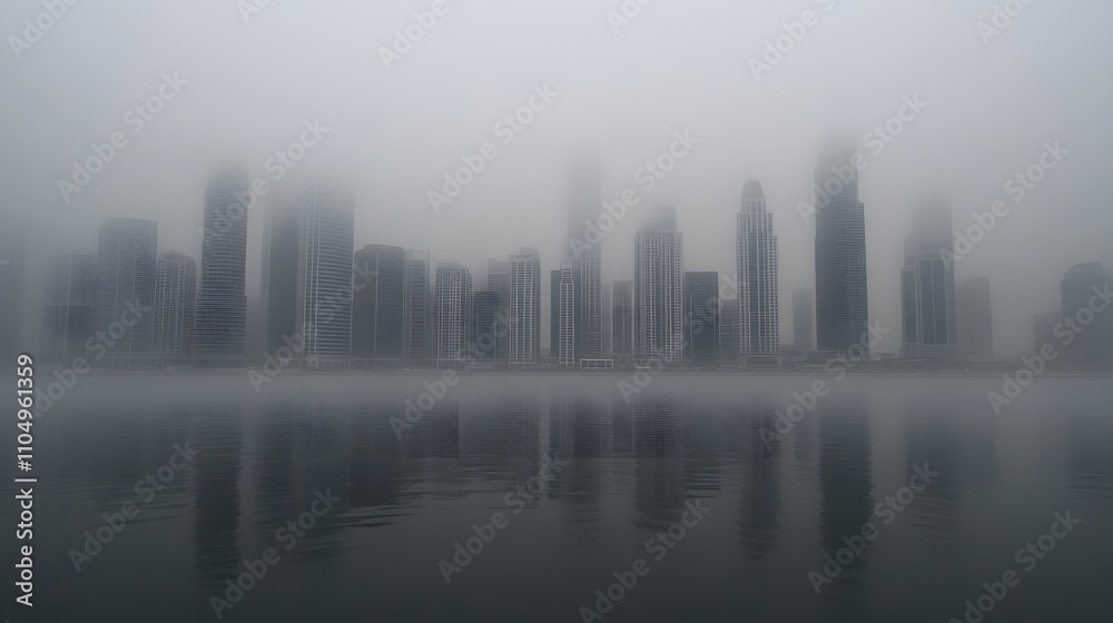 Naklejka premium Fog Shrouds Modern City Skyline Reflected In Water