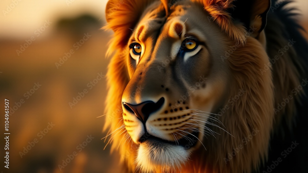A powerful close-up portrait of a lion, focusing on its golden eyes, strong jawline, and detailed mane. The background is softly blurred, enhancing the lion's majestic presence. A powerful close-up portrait of a lion, focusing on its golden eyes, strong jawline, and detailed mane. The background is softly blurred, enhancing the lion's majestic presence.