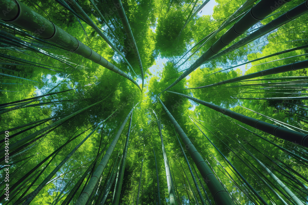 Lush Bamboo Grove Reaching Towards Clear Blue Sky Lush Bamboo Grove Reaching Towards Clear Blue Sky
