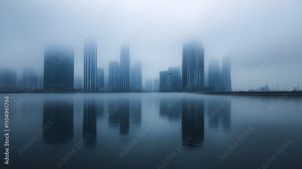 Fog Shrouds Modern City Skyline Reflected In Calm Water Fog Shrouds Modern City Skyline Reflected In Calm Water