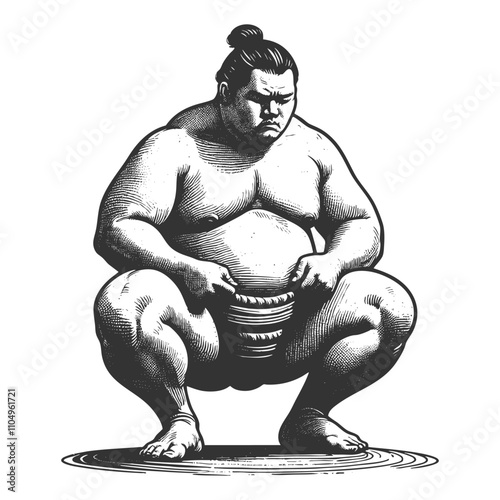 sumo wrestler crouching in a traditional pre-fight stance, emphasizing strength and discipline sketch engraving generative ai vector illustration. Scratch board imitation. Black and white image.