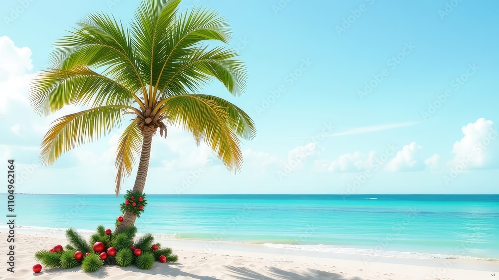 Palm tree decorated with Christmas ornaments and presents on the sand beach. concept of a New Year holiday celebrations in warm destinations, travel, vacation tours, holiday promotions Palm tree decorated with Christmas ornaments and presents on the sand beach. concept of a New Year holiday celebrations in warm destinations, travel, vacation tours, holiday promotions