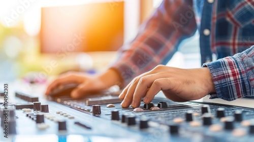 Serene audio studio with a sound engineer adjusting noise reduction settings on a mixing console. Recording studio, audio equipment manufacturer, music magazine, audio processing,music producer