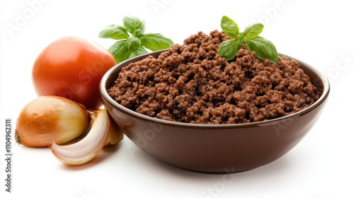 Raw Ground Beef with Fresh Ingredients in Bowl