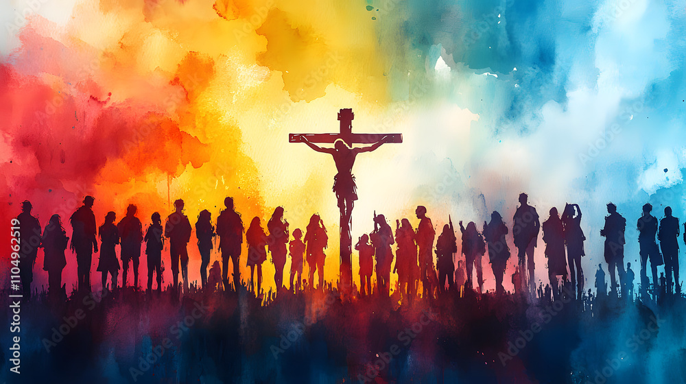 Watercolor silhouette of Jesus on the cross with people praying in front, set against a white background with faded dark colors and soft light, evoking a dreamy, spiritual atmosphere in a clipart styl Watercolor silhouette of Jesus on the cross with people praying in front, set against a white background with faded dark colors and soft light, evoking a dreamy, spiritual atmosphere in a clipart styl