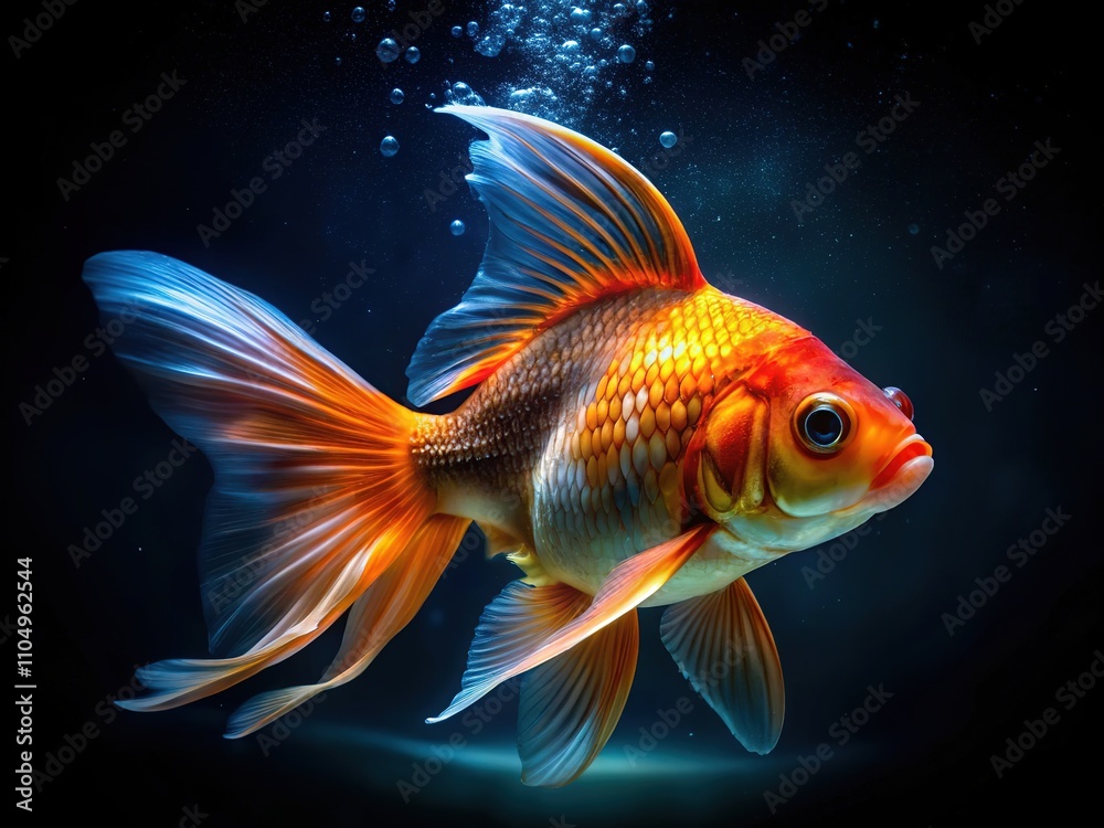 Goldfish in Dark Aquarium - Aerial View, Graceful Swimming Goldfish in Dark Aquarium - Aerial View, Graceful Swimming