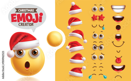 Emojis christmas creation kit clipart set. Christmas emoji santa claus character with surprise face, eyes, mouth and santa hat collection for facial expression mock up. Vector illustration creation 