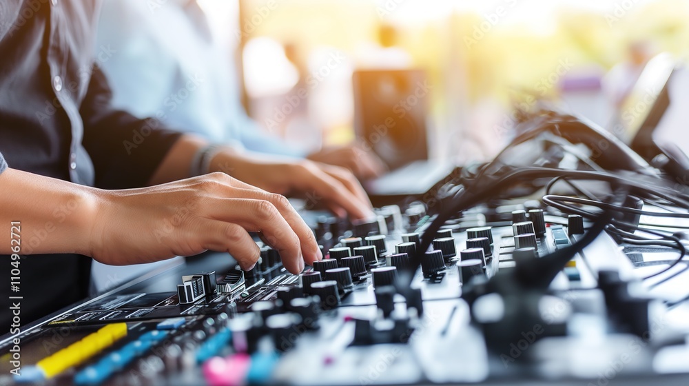 Fototapeta premium Serene audio studio with a sound engineer adjusting noise reduction settings on a mixing console. Recording studio, audio equipment manufacturer, music magazine, audio processing,music producer