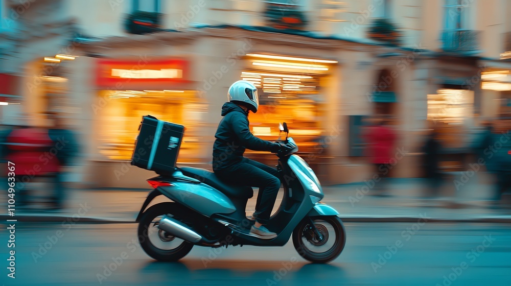 Delivery driver on a scooter speeds through city traffic. Delivery driver on a scooter speeds through city traffic.