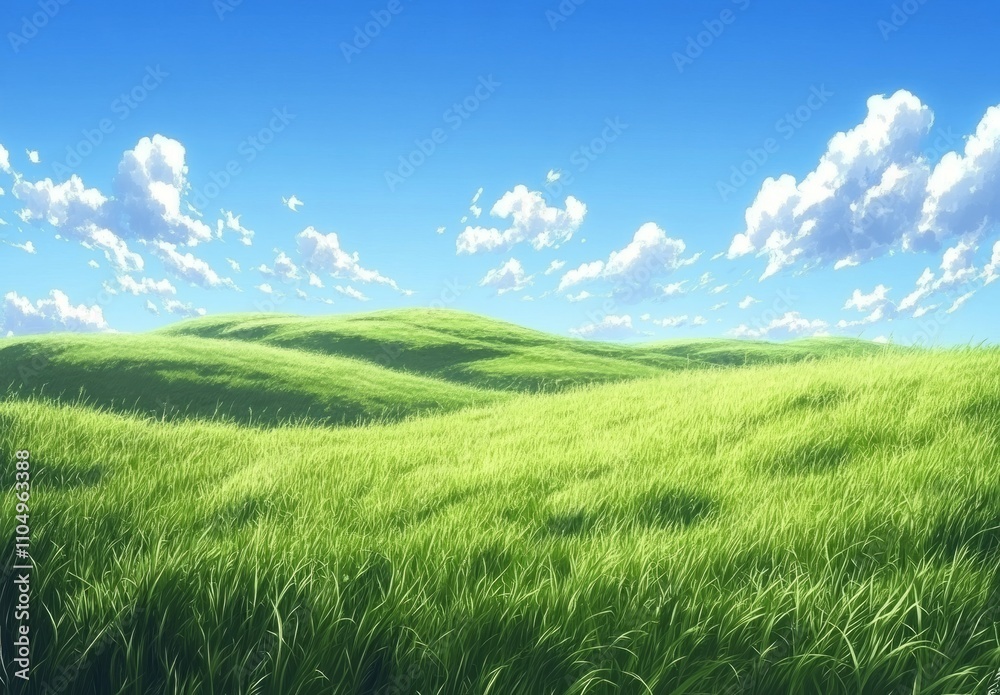 Beautiful grassy fields and summer blue sky with fluffy white clouds in the wind. Anime Background
Beautiful grassy fields and summer blue sky with fluffy white clouds in the wind. Anime Background