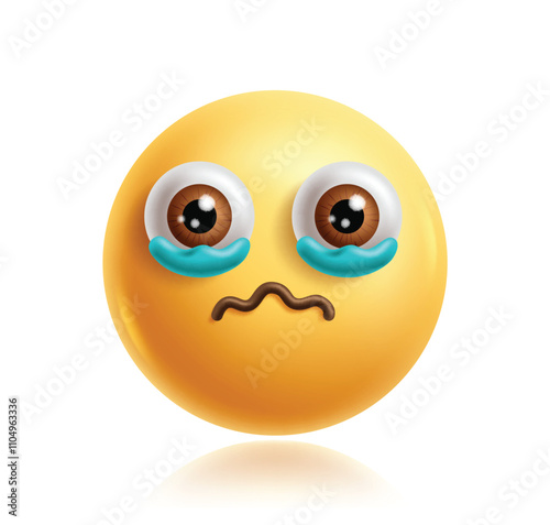Crying emoji clipart 3d character. Emoji face in cry, sad, frown, despair, stress, depressed, hopeless and lonely facial expression yellow icon graphic element. Vector illustration crying emoticon 