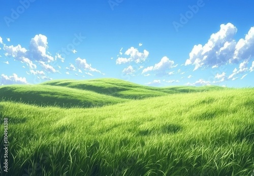 Beautiful grassy fields and summer blue sky with fluffy white clouds in the wind. Anime Background 