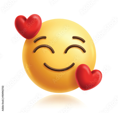 In love emoji 3d clipart character. Emoji cute character in happy, smiling, enjoy, shy, inspired, obsessed and cute facial expression with red heart shape graphic element. Vector illustration in love 