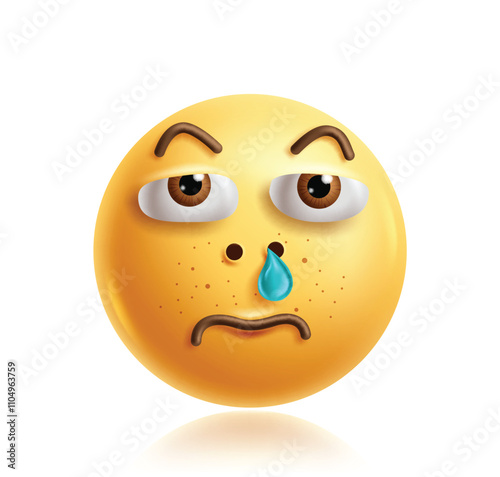 Ugly emoji 3d clipart character. Emoji icon character in stubborn, lonely, sad and funny facial expression with face freckles and nose booger graphic element. Vector illustration ugly emoticon clip 
