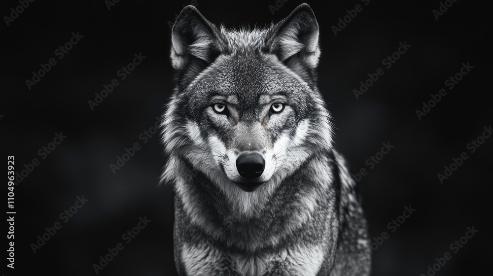 A Majestic Gray Wolf Portrait Against A Dark Background A Majestic Gray Wolf Portrait Against A Dark Background