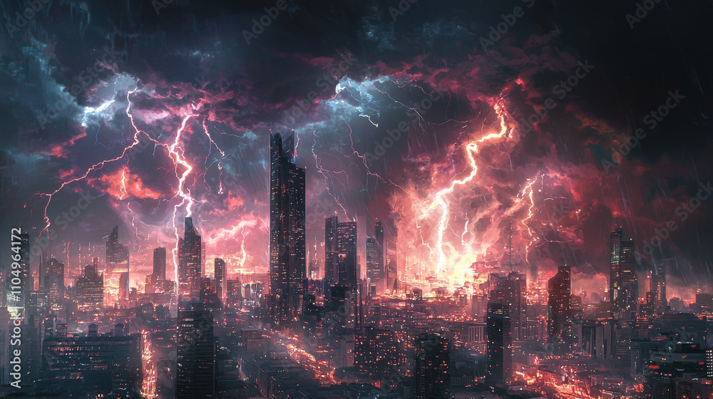Obraz premium dramatic thunderstorm over city skyline, with flashes of lightning illuminating dark clouds and towering buildings. scene evokes sense of awe and intensity