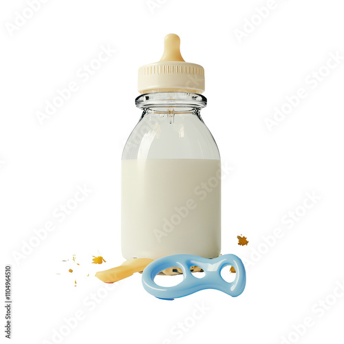 A baby bottle filled with milk and a pacifier on a transparent background with flowers for a nurturing setting, Baby Bottle with Milk and Pacifier, transparent background. photo