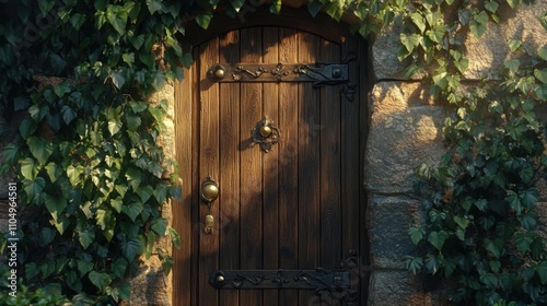 rustic wooden door with iron hinges and a brass knocker, surrounded by ivy-covered stone walls