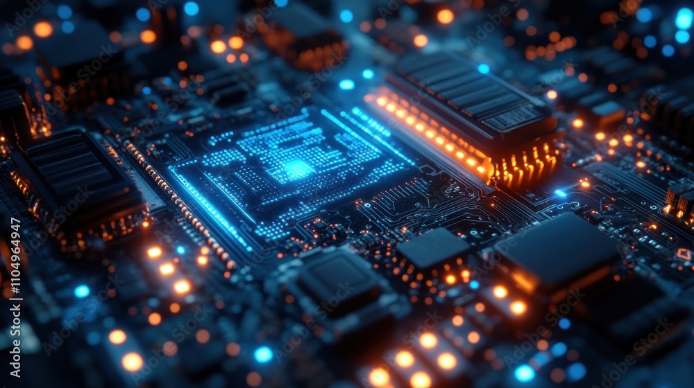 Close-up of a glowing blue CPU chip on a circuit board with orange lights. Close-up of a glowing blue CPU chip on a circuit board with orange lights.
