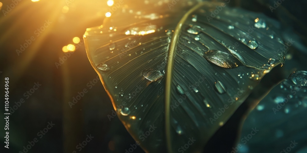 Naklejka premium Glistening droplets on green leaves Banana leaf A det