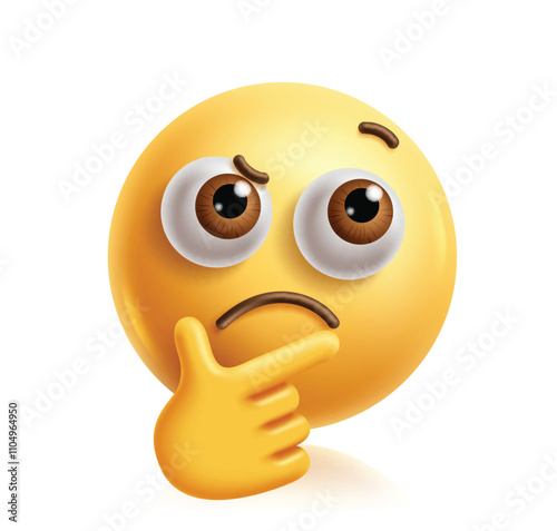 Confused emoji clipart 3d character. Thinking emoji face with hand gesture, serious, frown, curious, wondering and doubt facial expression yellow graphic element. Vector illustration confused emoticon
