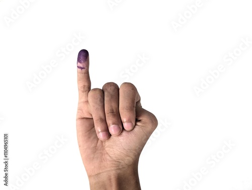 фотографія A man's little finger with blue ink stains, isolated against a white background