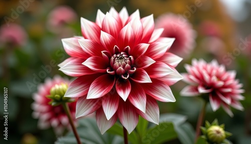 Close-up of a vibrant red flower with white edges, in a field of similar flowers