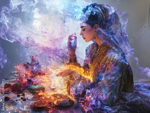 Rapturous middle eastern woman explores fantastical hypercolor realm surreal environment dreamlike concept for visual art photo