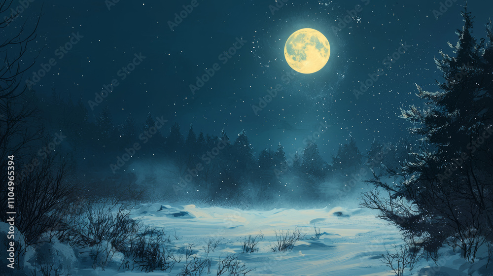 Naklejka premium serene winter night scene featuring bright full moon illuminating snowy landscape. calm atmosphere is enhanced by falling snowflakes and dark silhouettes of trees