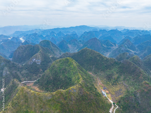 Aerial photography of Sanmenhai Scenic Area in Fengshan, Hechi, Guangxi photo