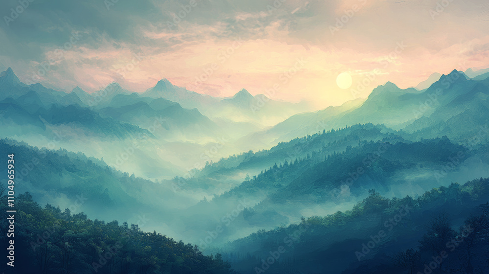 hazy morning over mountain range creates soft and mystical atmosphere. sun rises gently, illuminating peaks and valleys, enhancing serene beauty of nature hazy morning over mountain range creates soft and mystical atmosphere. sun rises gently, illuminating peaks and valleys, enhancing serene beauty of nature