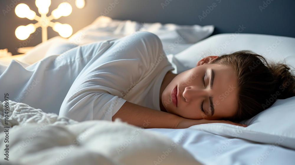 Person lying peacefully in bed under cozy blanket, eyes closed, with serene expression, promoting tranquility and good sleeping habits. Person lying peacefully in bed under cozy blanket, eyes closed, with serene expression, promoting tranquility and good sleeping habits.