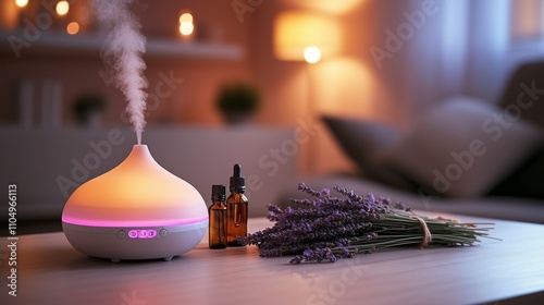 Modern aroma diffuser with essential oils and fresh lavender in  living room with calming scent. Copy space, free space for text