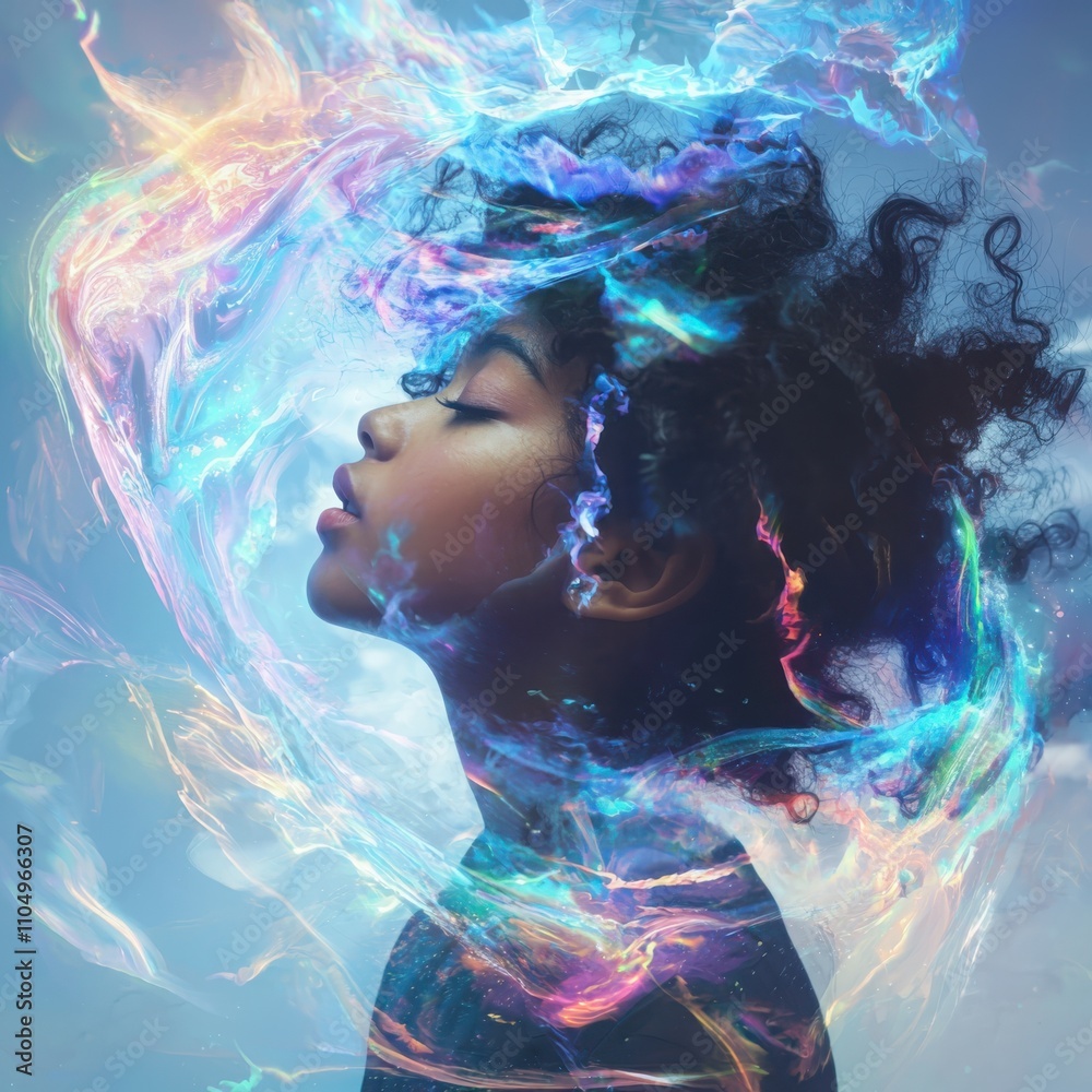 Captivating swirl of colors enveloping a black girl in a hypnotic neon-tinged dreamscape Captivating swirl of colors enveloping a black girl in a hypnotic neon-tinged dreamscape