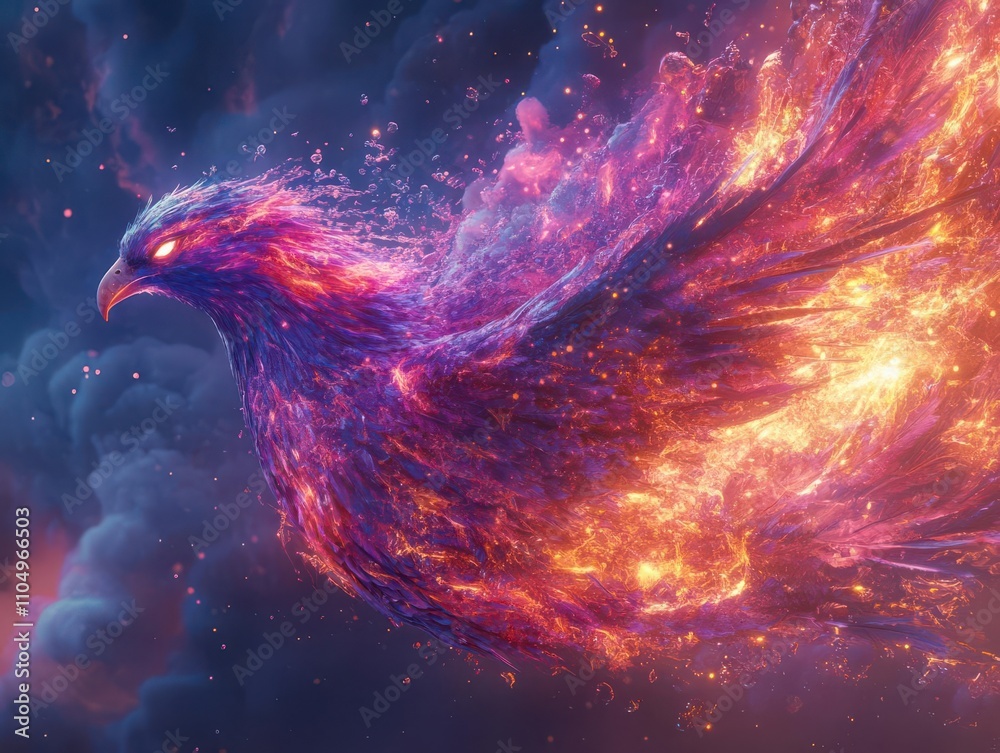 Fototapeta premium Ethereal phoenix in side profile, dissolving into mercury, transforming with a cascade of vibrant, holographic colors, representing renewal, fantasy neon radiance, CGI 3D rendering