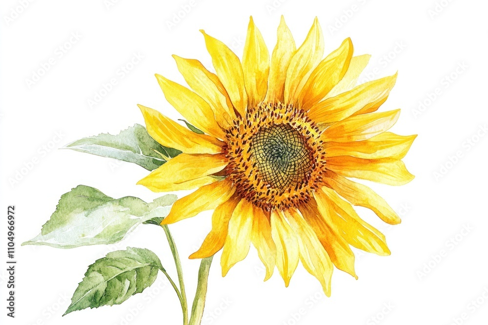 Obraz premium A watercolor painting of a single yellow sunflower with green leaves on a white background.