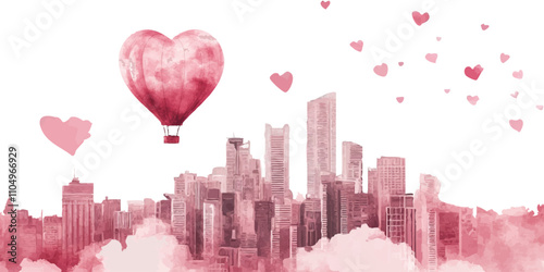 Watercolor hot air balloon in the shape of a heart Flying over pink clouds with cityscape, vector illustration on white background