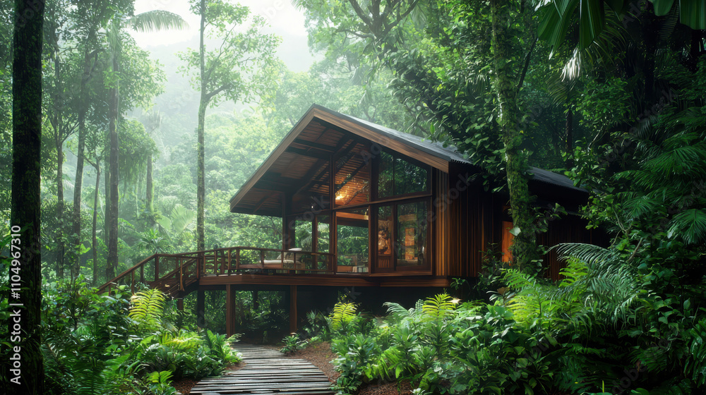 Reclaimed wood cabin nestled in a misty rainforest clearing a serene escape into nature's embrace Reclaimed wood cabin nestled in a misty rainforest clearing a serene escape into nature's embrace