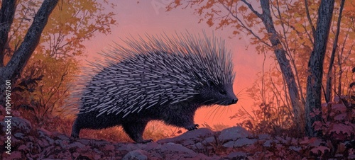 North American Porcupine at Sunset in Autumnal Forest photo